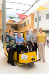 New hospital transporter buggy launch, March 31st 2014. Pictured left to right: assitant director of nursing and CQ Lesley Crosby, volunteer drivers Rolf Stobbart, Brian Rosan, Barbara Kelly and disability advisor Toni Tuthill